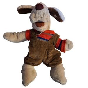 Vintage Wrinkles Tan Plush Dog Puppet Brown Overalls